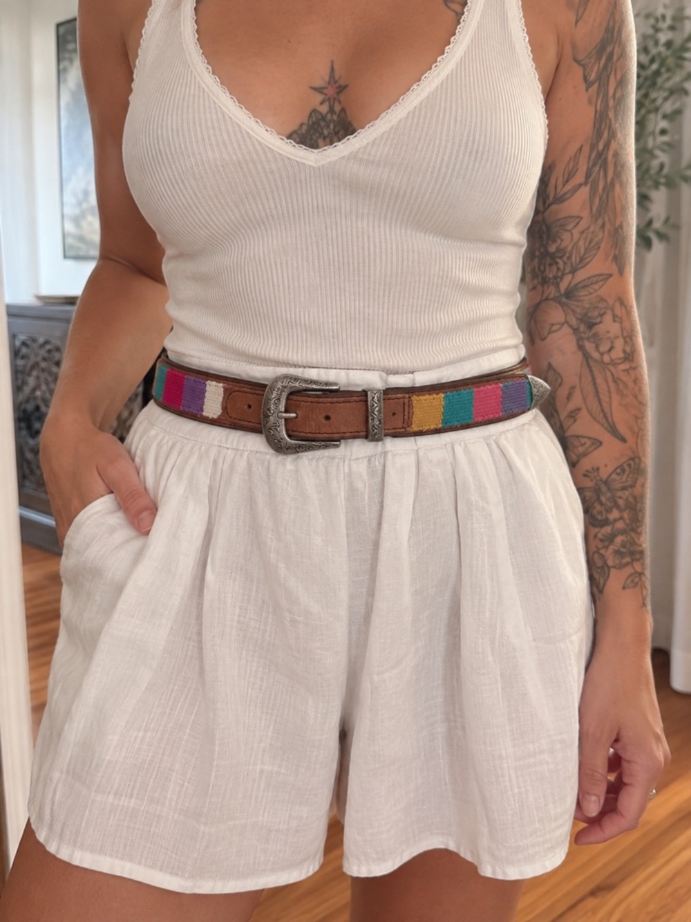 Vintage Multicolor Woven Stripe Leather Belt with Silver Buckle